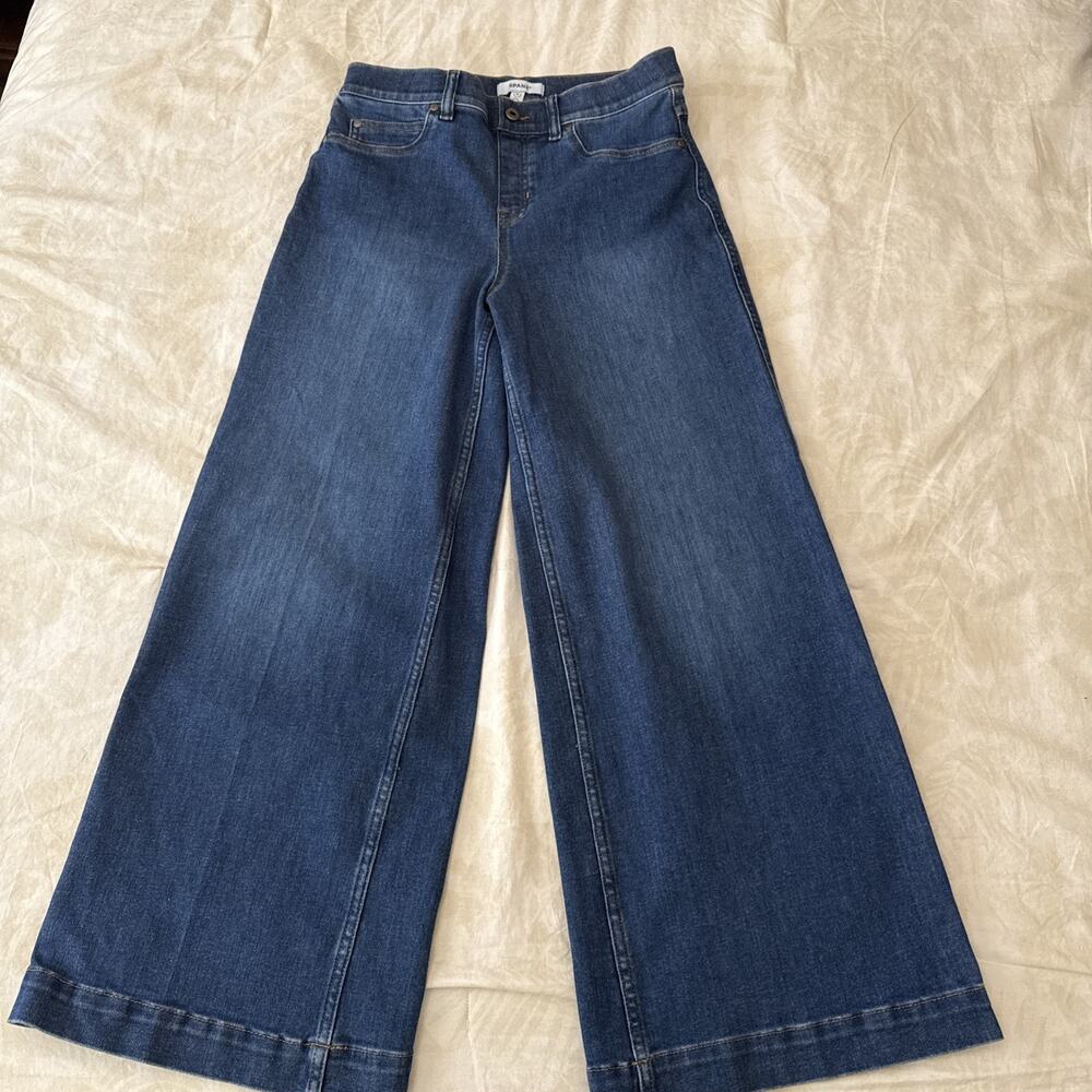 Spanx Jeans Womens Size M Blue Denim Seamed Front Wide Leg Pull On
